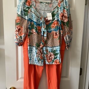 Cato Floral Blouse with Orange Slacks